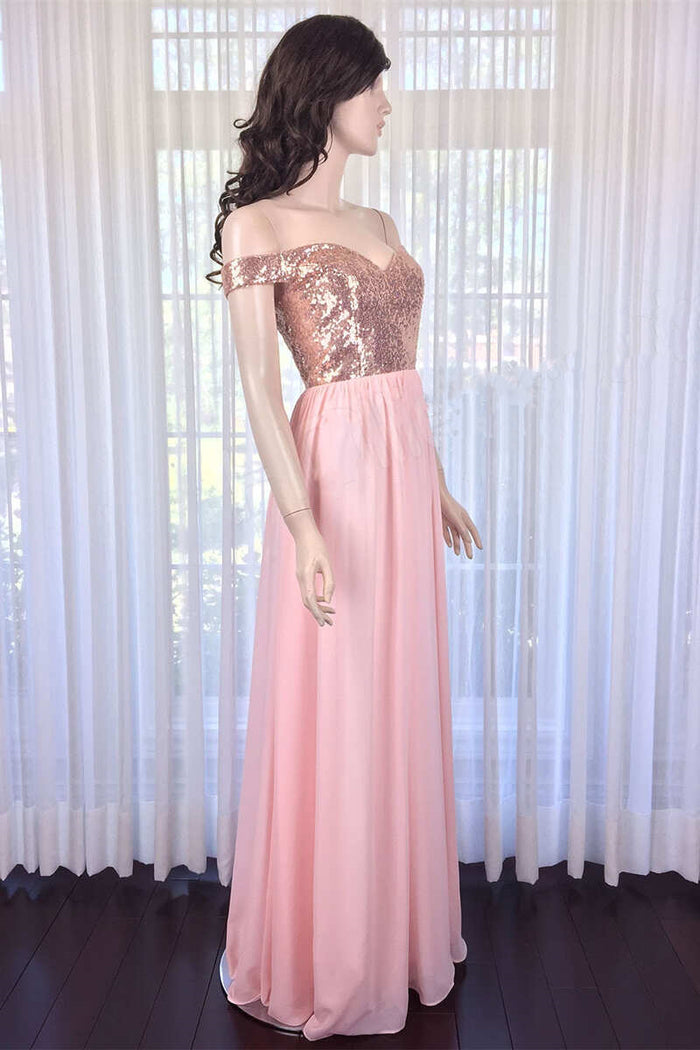 Pink Sequin Off-the-Shoulder Long Bridesmaid Dress