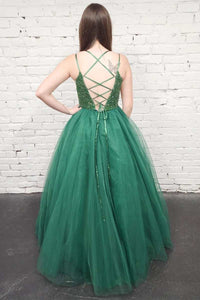 Green Tulle Sequin Lace-Up Back A-Line Prom Gown