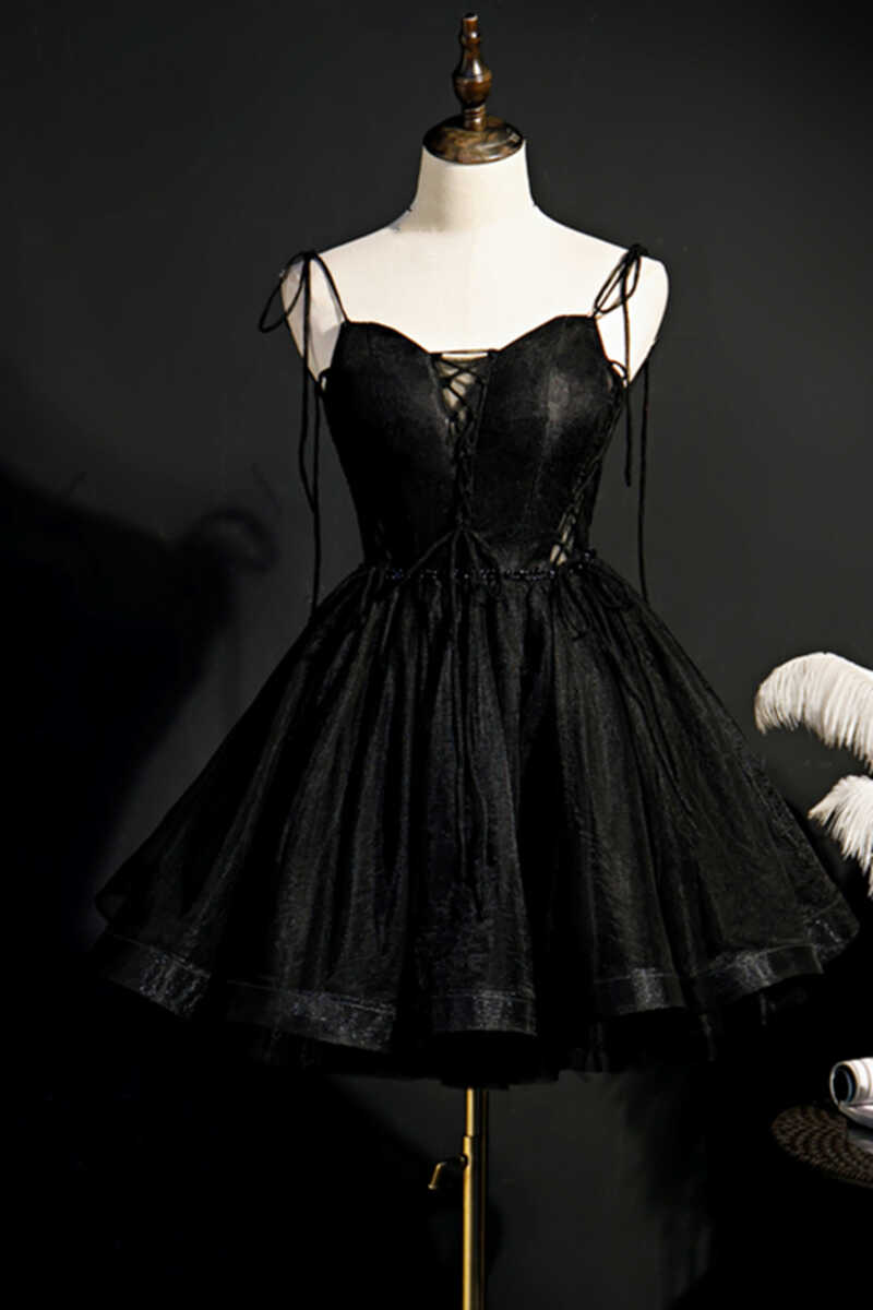 Black Lace-Up Backless A-Line Short Homecoming Dress