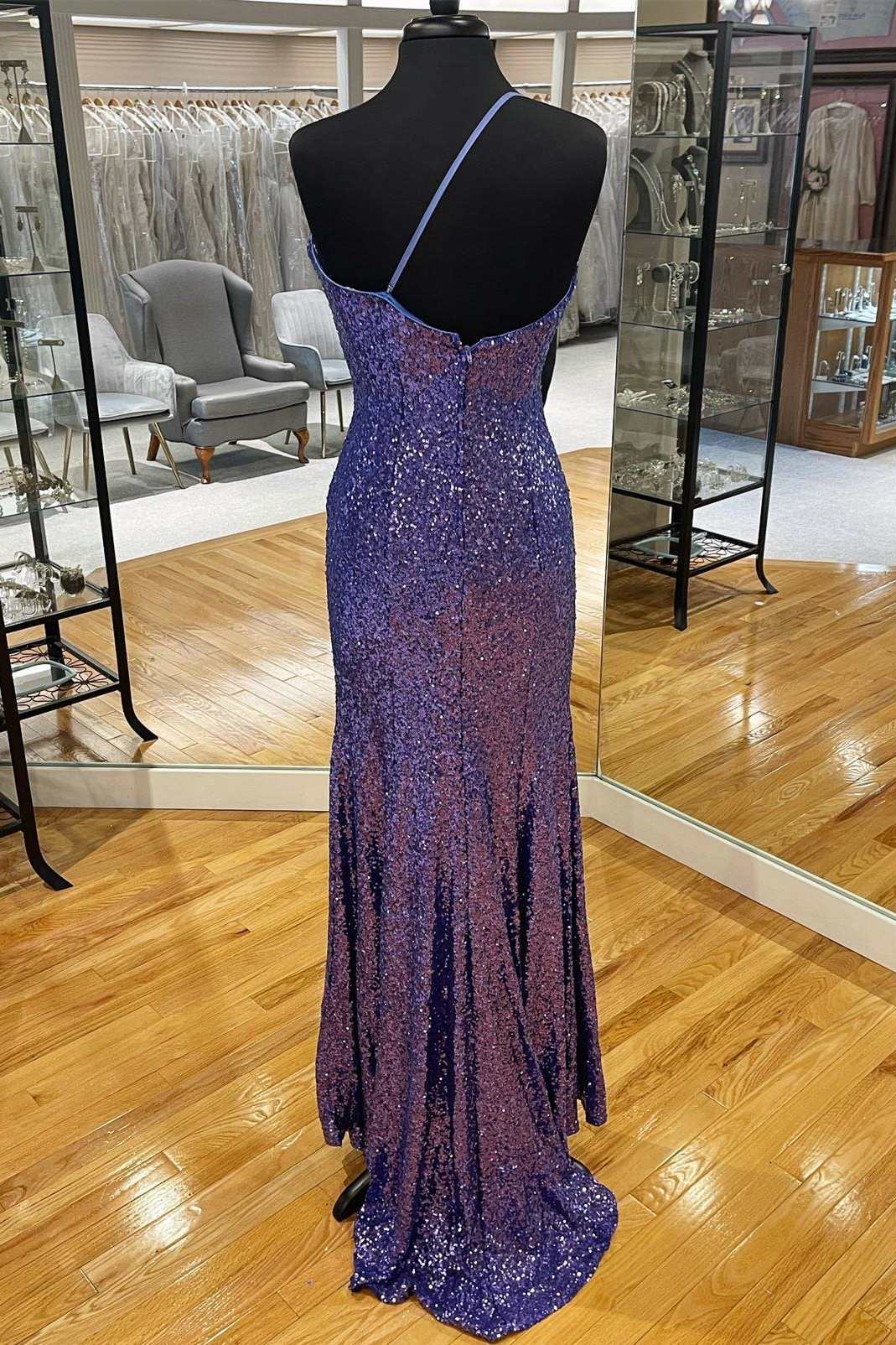 Dark Purple Sequin One-Shoulder Long Prom Dress with Slit – Dreamdressy