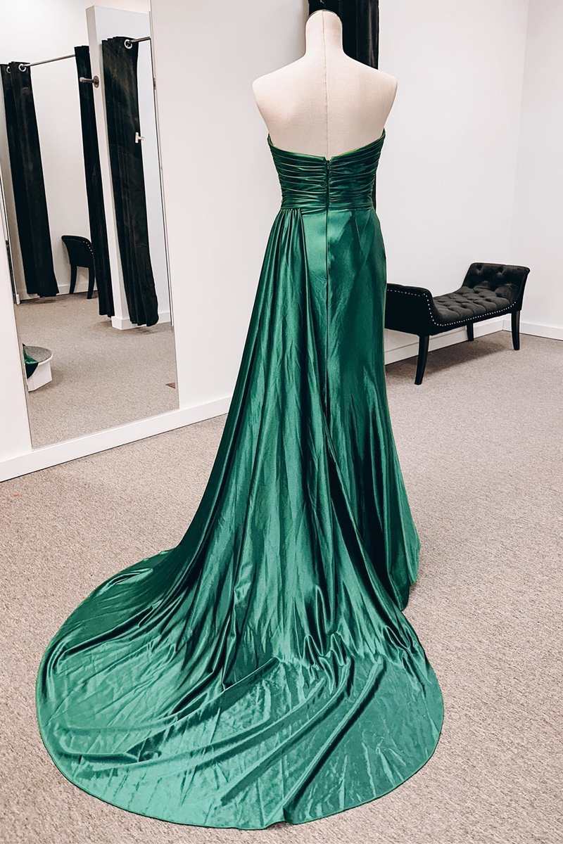 Green Satin Strapless Long Formal Dress with Attached Train