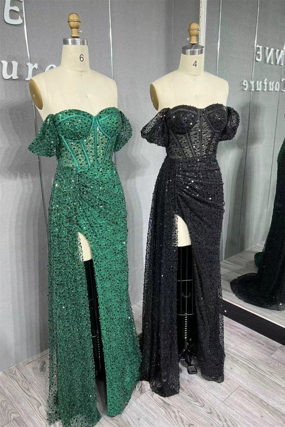 Green & Black Mermaid Off-the-Shoulder Boning Sequins Pleated Long Prom Dress with Slit