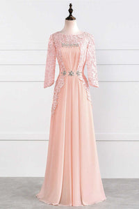 Pink Rhinestone Half Sleeve A-Line Long Mother of the Bride Dress