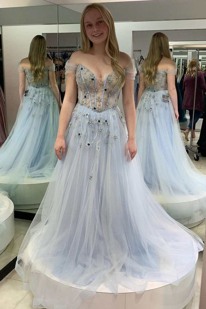 Fairy-Tale Light Blue Tulle Beaded Off-the-Shoulder A-Line Prom Gown