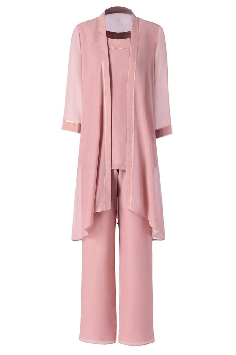 Three-Piece Pink Chiffon Half Sleeve Mother of the Bride Pant Suits
