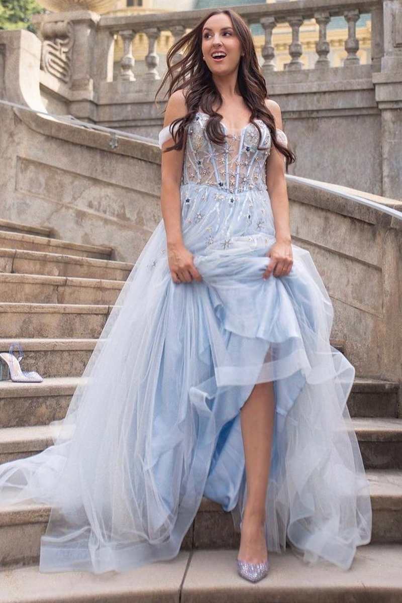 Fairy-Tale Light Blue Tulle Beaded Off-the-Shoulder A-Line Prom Gown
