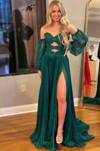 Hunter Green Rhinestones Strapless A-Line Prom Dress with Sleeves