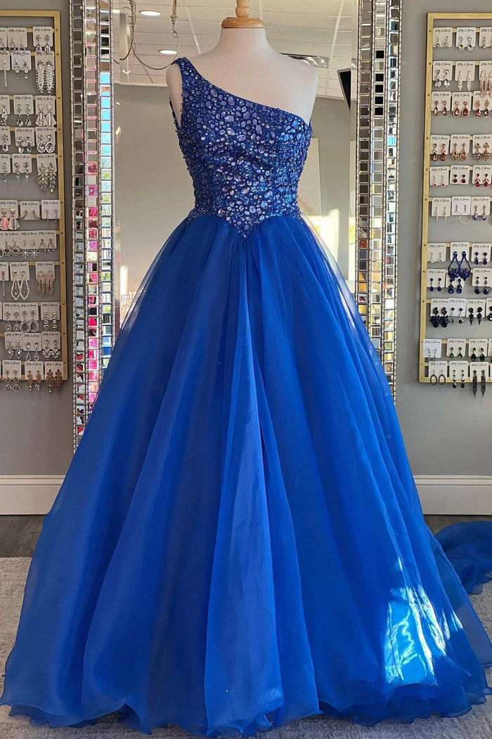 Blue Beaded One-Shoulder A-Line Long Prom Dress