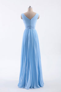 Blue Pleated A-line Chiffon Long Bridesmaid Dress