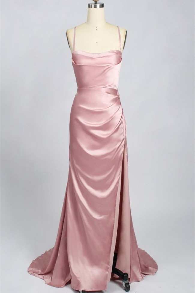 Pink Scoop Neck Lace-Up Back Long Formal Dress with Slit