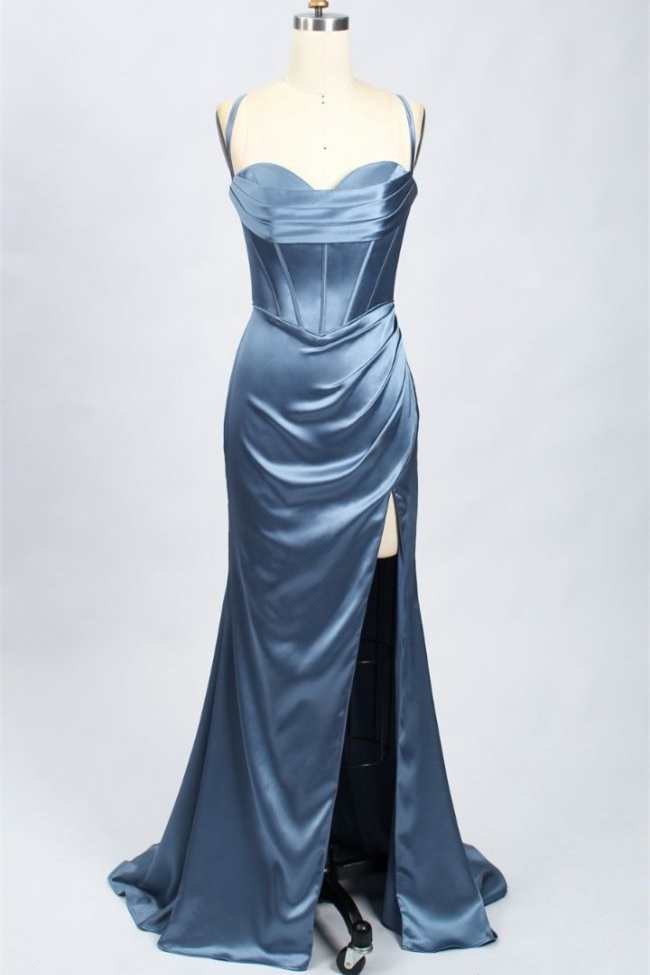 Teal Blue Cowl Neck Mermaid Long Prom Dress with Slit
