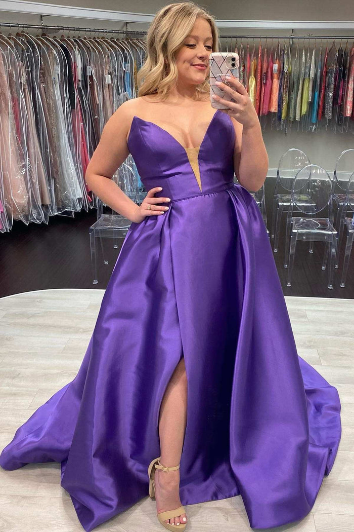 Purple Strapless A-Line prom Dress with Slit