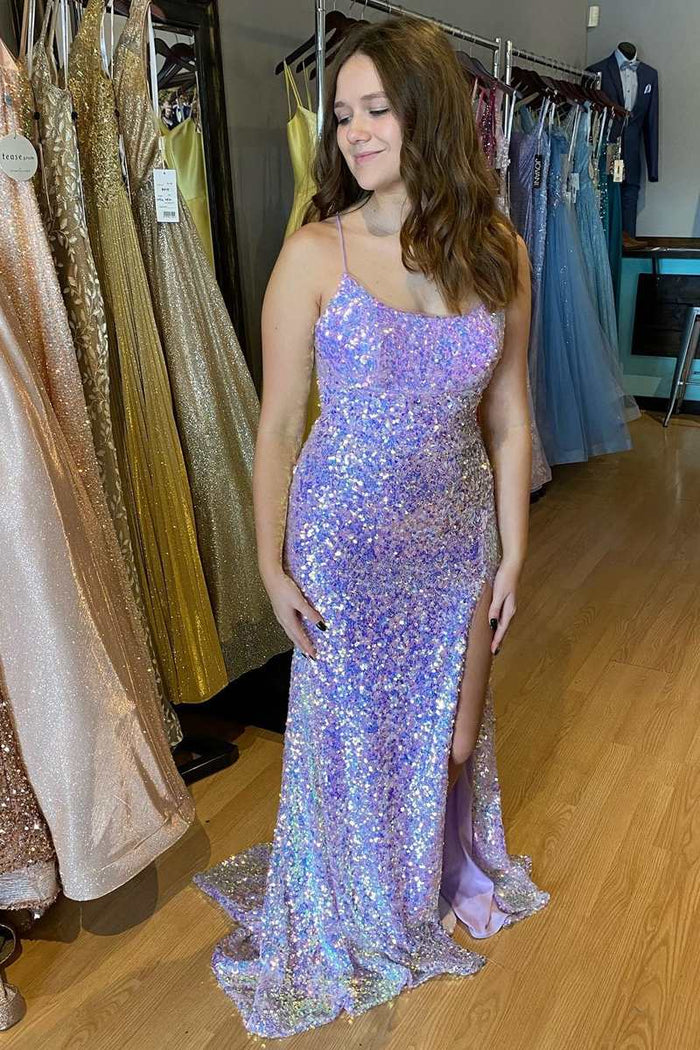 Purple Iridescent Sequin Lace-Up Back Mermaid Long Prom Dress