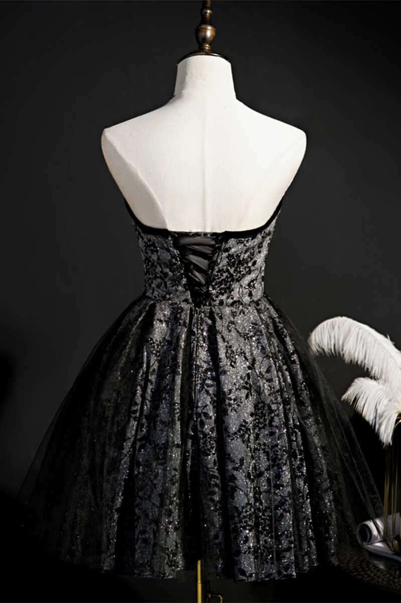 Black Print Sweetheart A-Line Homecoming Dress with Bow
