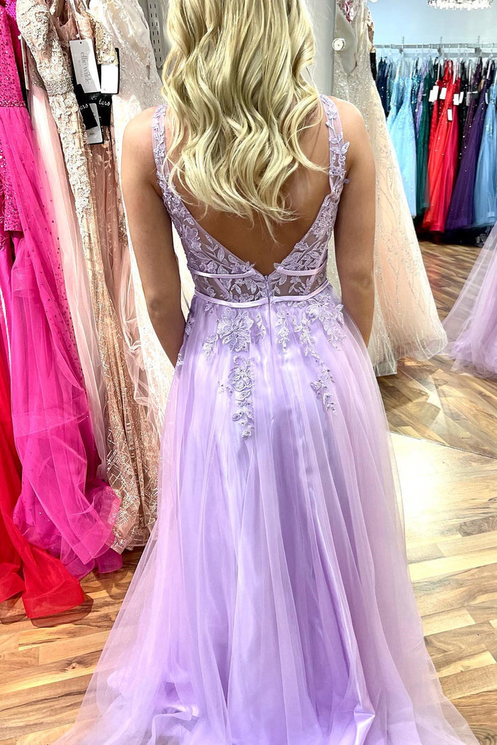 Lilac A-line V Neck Beaded Appliques Sleeveless Tulle Long Prom Dress