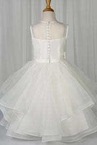 White Illusion Neck Multi-Layers Buttons Long Flower Girl Dress wit Bow