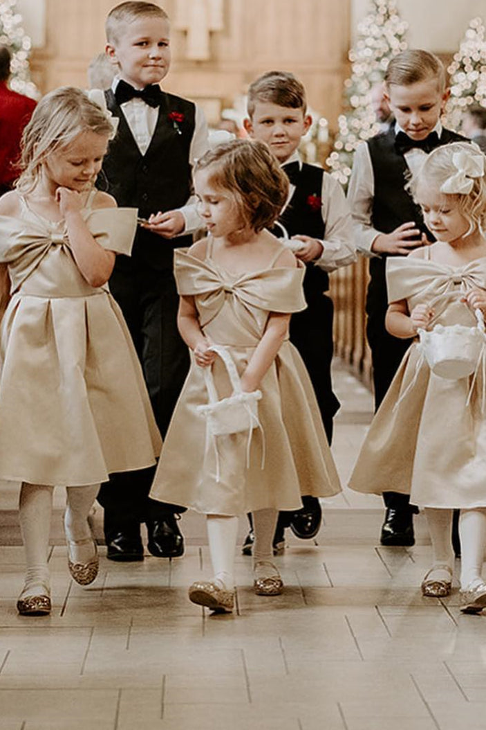 Champagne Bow Front A-Line Flower Girl Dress