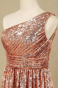 Rose Gold Sequin One-Shoulder Short Bridesmaid Dress