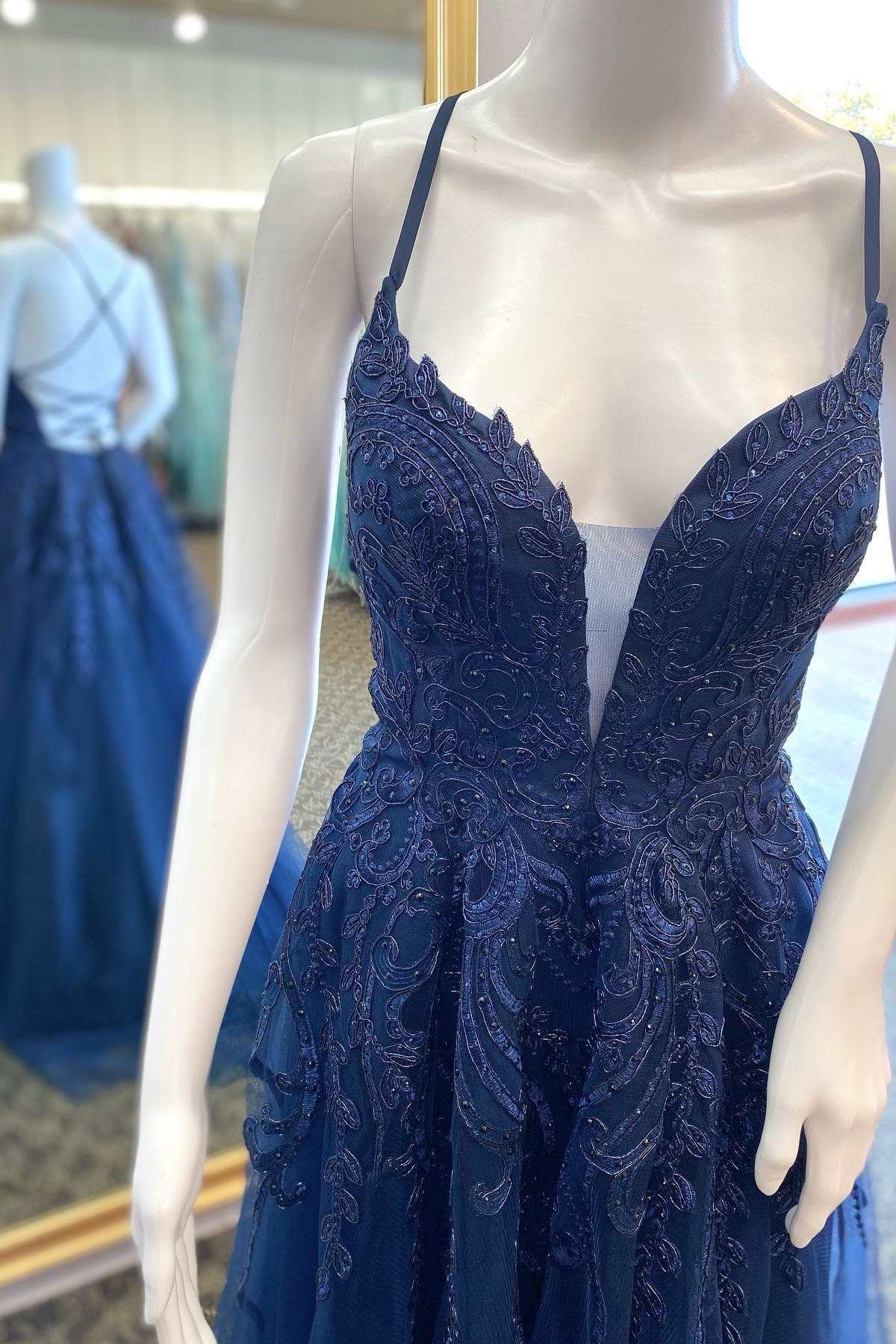 Navy Blue Appliques Plunge Neck Lace-Up A-Line Prom Dress