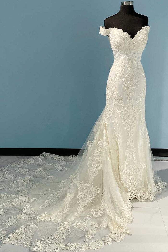 Long White Lace Off-the-Shoulder Mermaid Wedding Dress