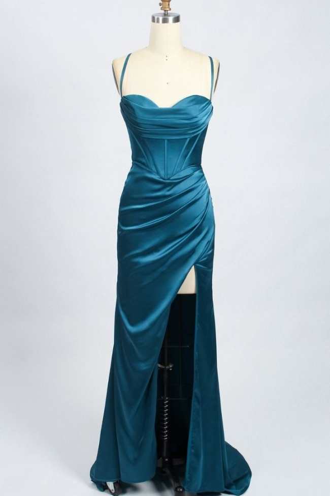 Teal Blue Cowl Neck Mermaid Long Prom Dress with Slit