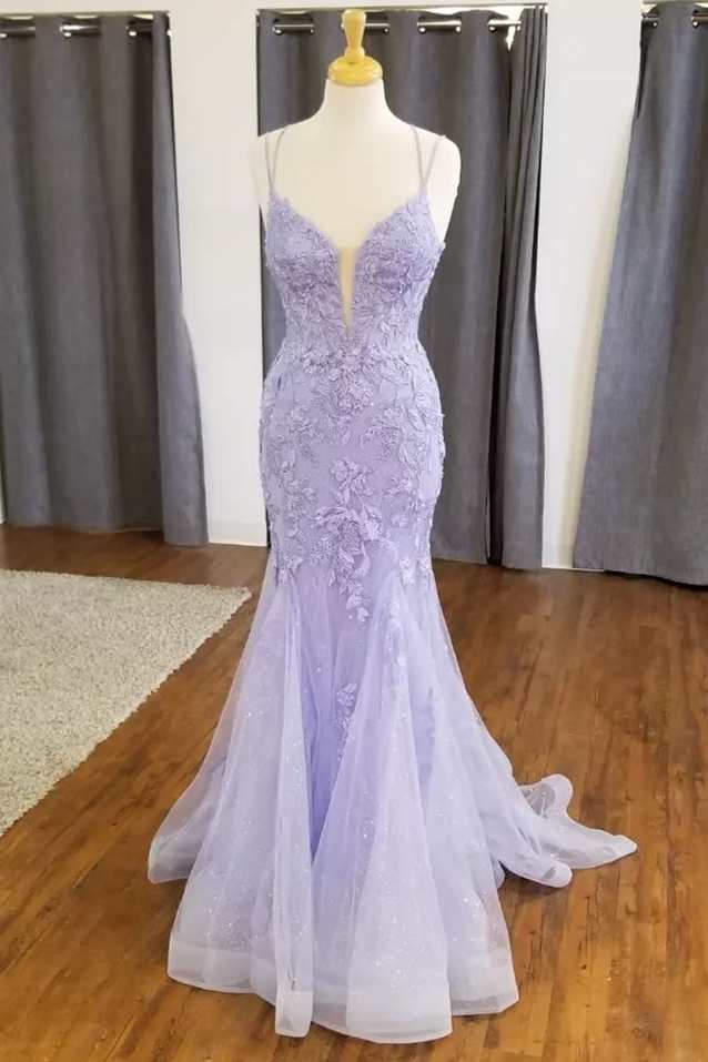 Mermaid Lavender Floral Lace Straps Long Prom Dress