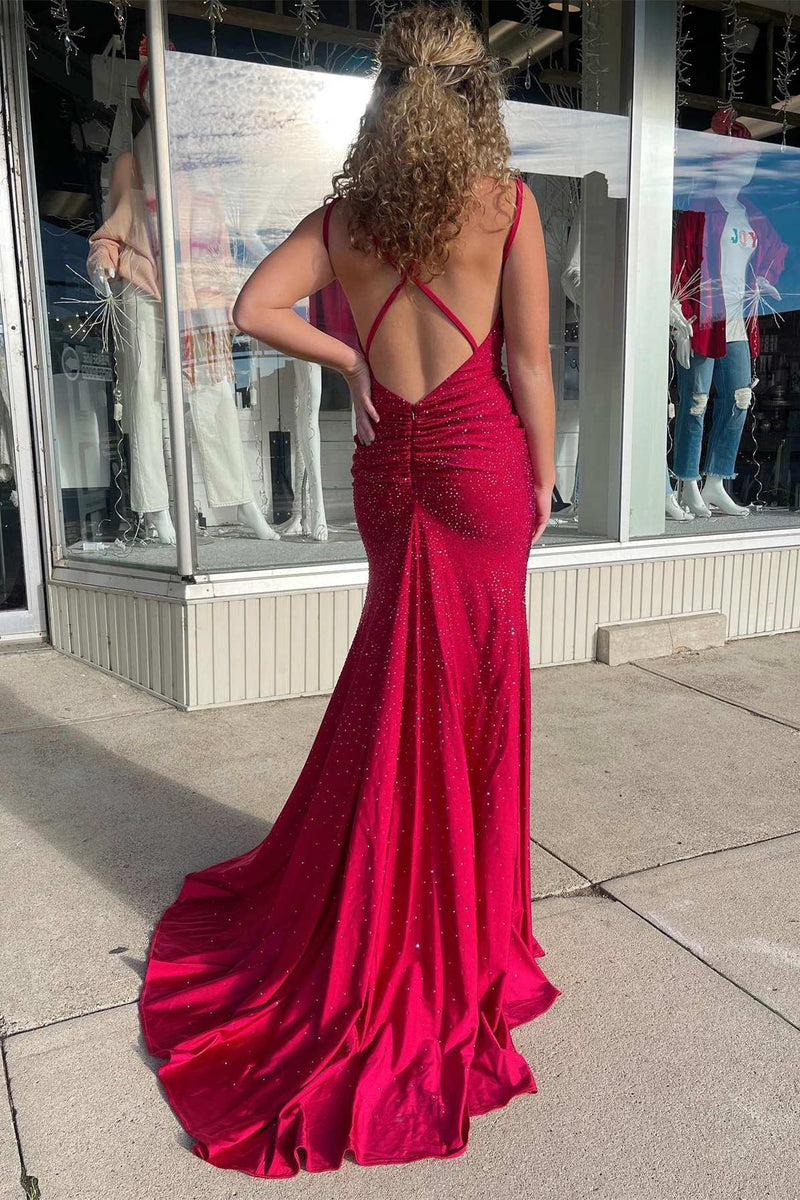 Red Beaded Lace-Up Back Mermaid Long Formal Dress with Slit