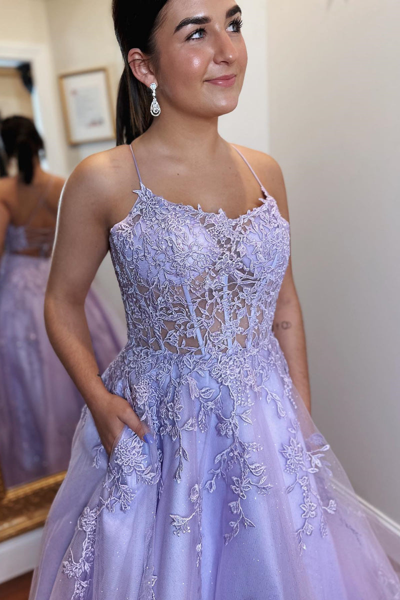 Lilac Lace-Up Back Scoop Neck Boning Appliques Tulle Long Prom Dress