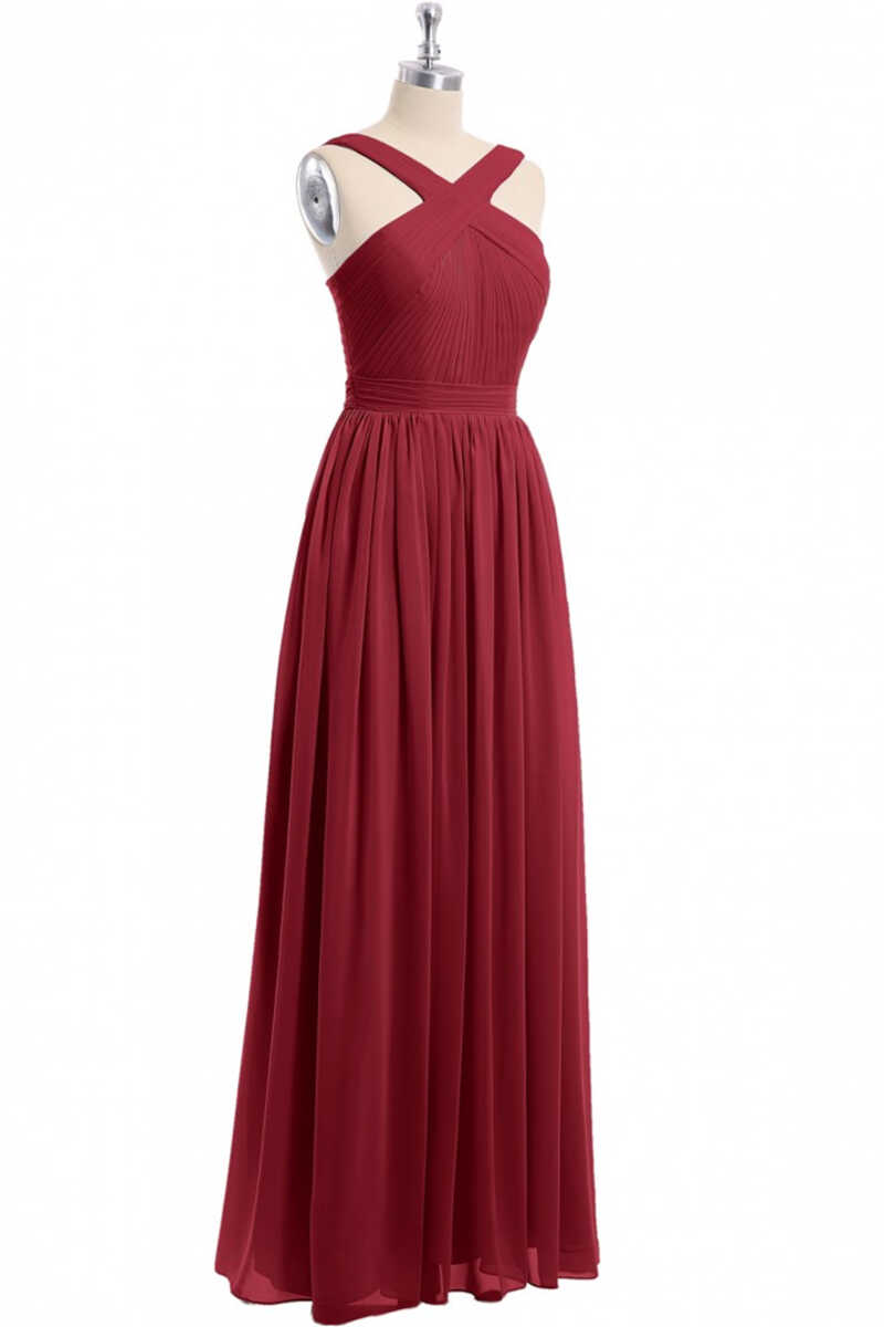 Red Chiffon Cross-Front A-Line Long Bridesmaid Dress