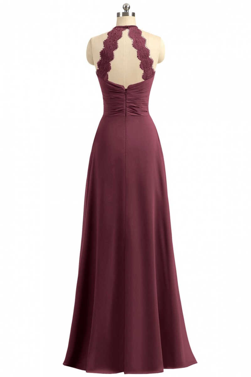 Burgundy Chiffon Halter Long Bridesmaid Dress with Lace Strap