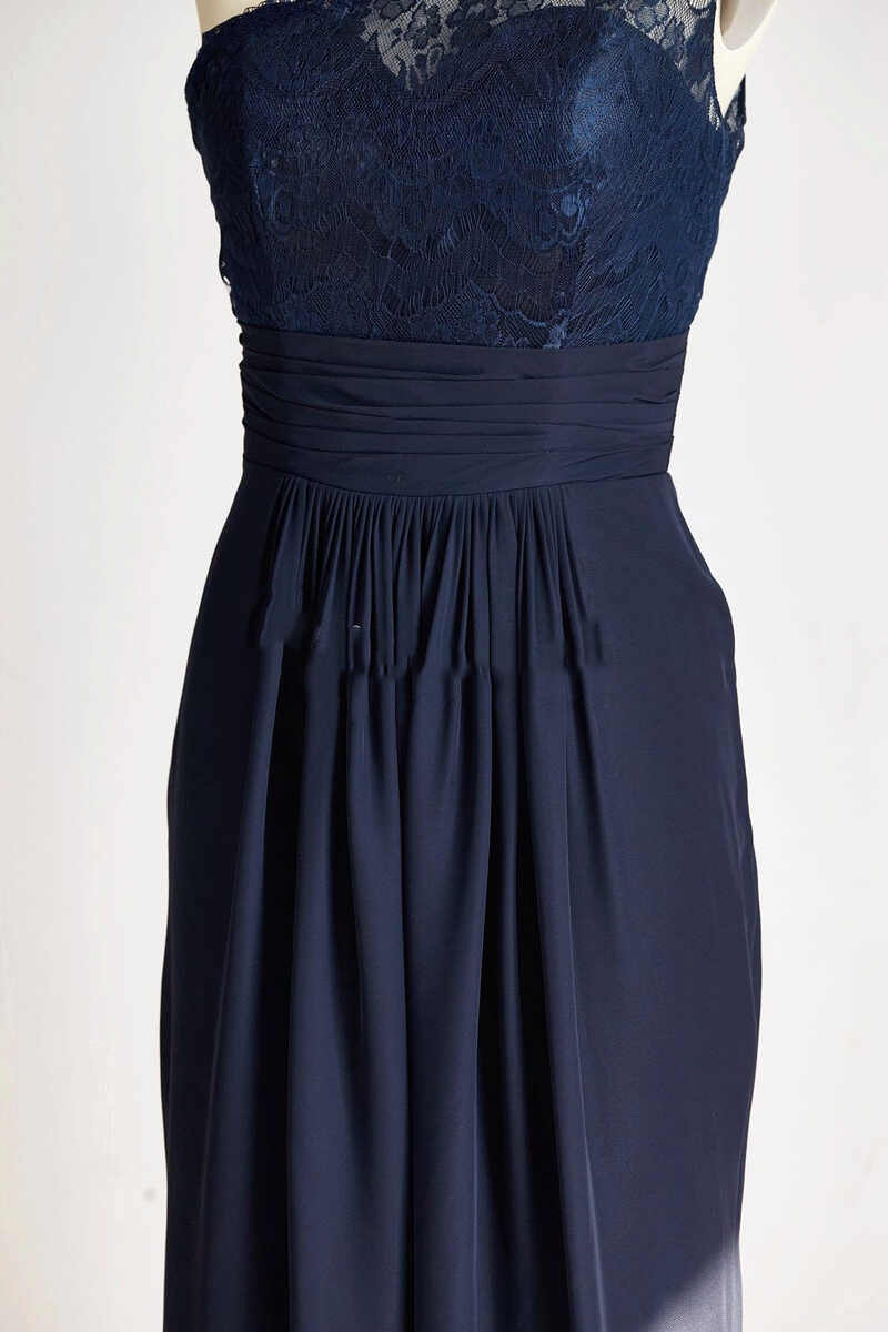 One-Shoulder Navy Blue Lace Long Bridesmaid Dress