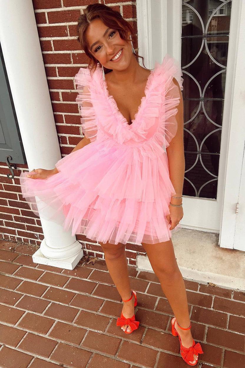 Pink Ruffle-Layers Plunging V Neck Homecoming Dress – Dreamdressy