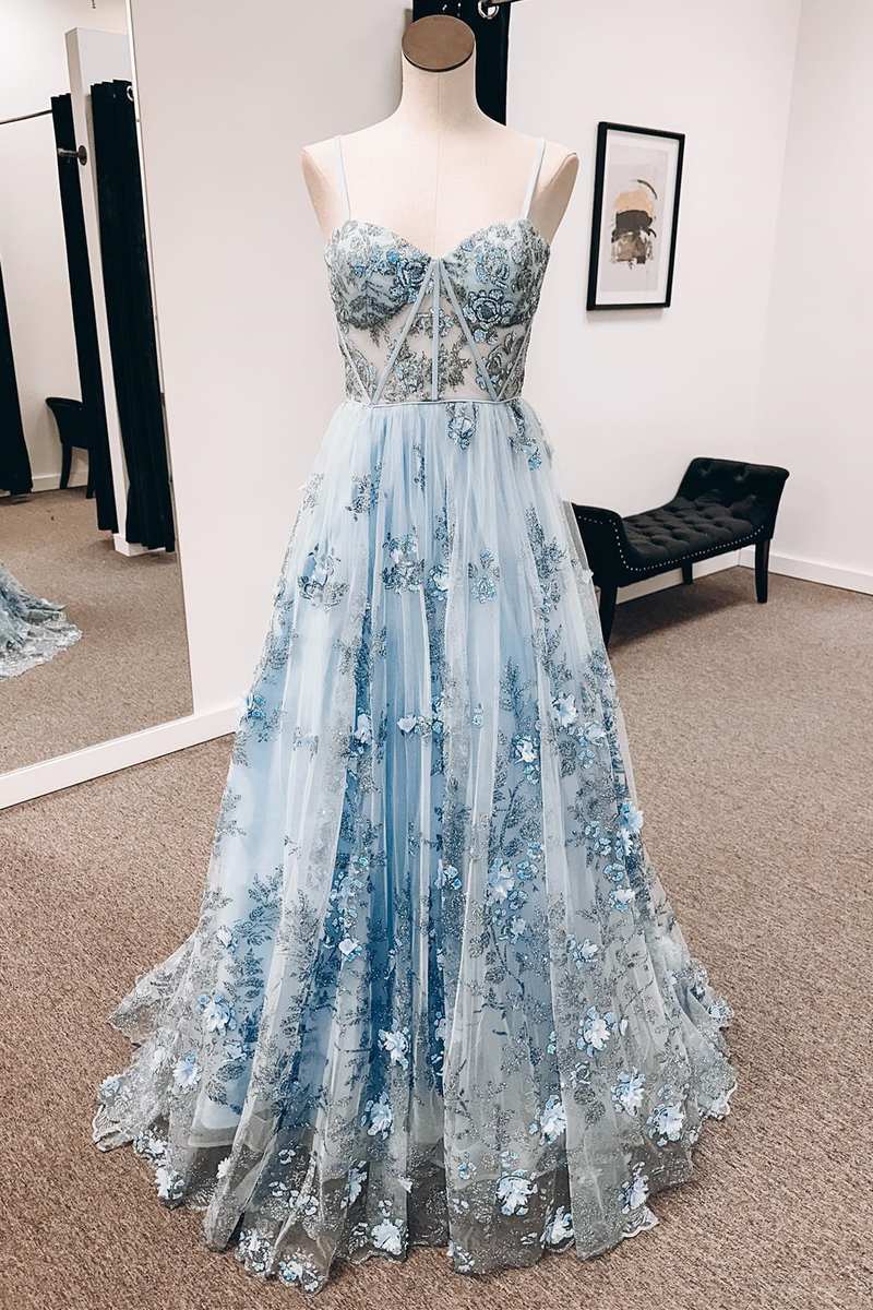 Blue 3D Floral Lace Sweetheart A-Line Long Prom Dress