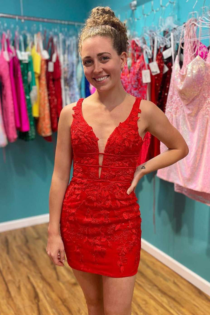 Red Appliques Plunge V Lace-Up Homecoming Dress