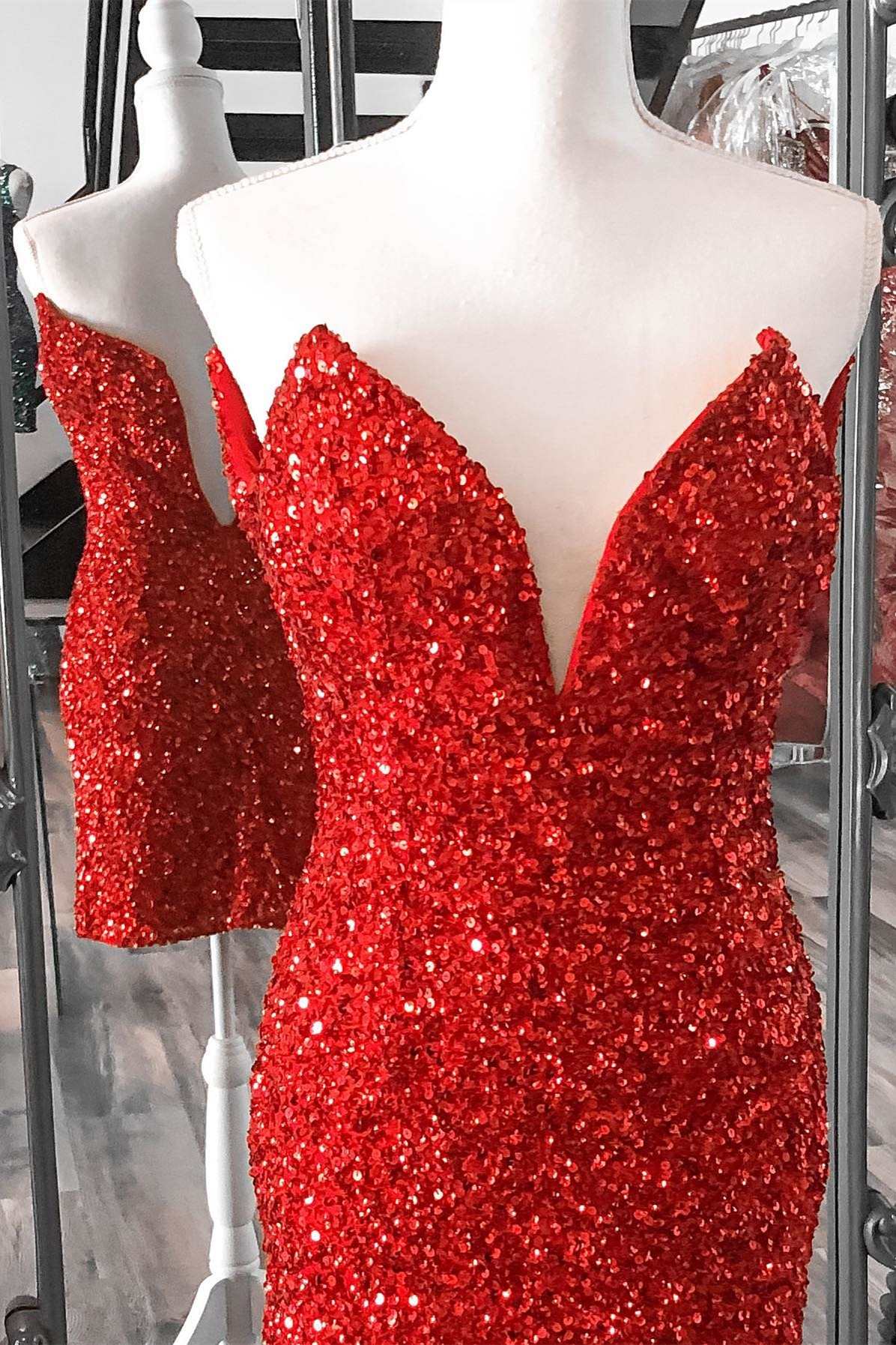 DDreamdressy Red Sequin Strapless Short Party Dress with Removable Sleeves Red / US 10