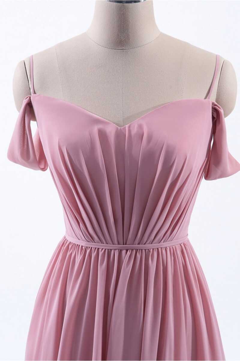 Dusty Pink Chiffon Cold-Shoulder A-Line Long Bridesmaid Dress