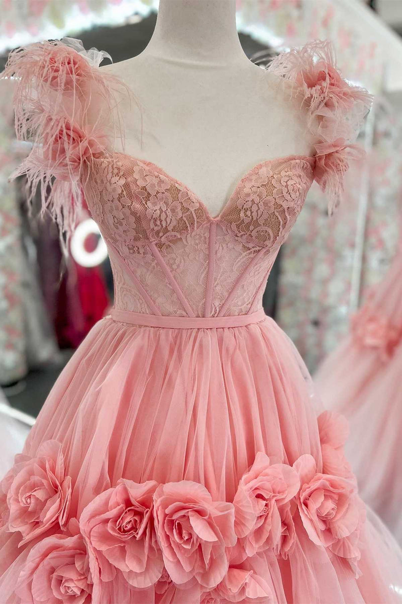 Pink Feather Lace Sweetheart A-Line Prom Dress with 3D Floral Lace