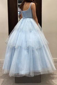 Light Blue Sweetheart Beaded Straps Lace-Up Multi-Layers Long Prom Dress