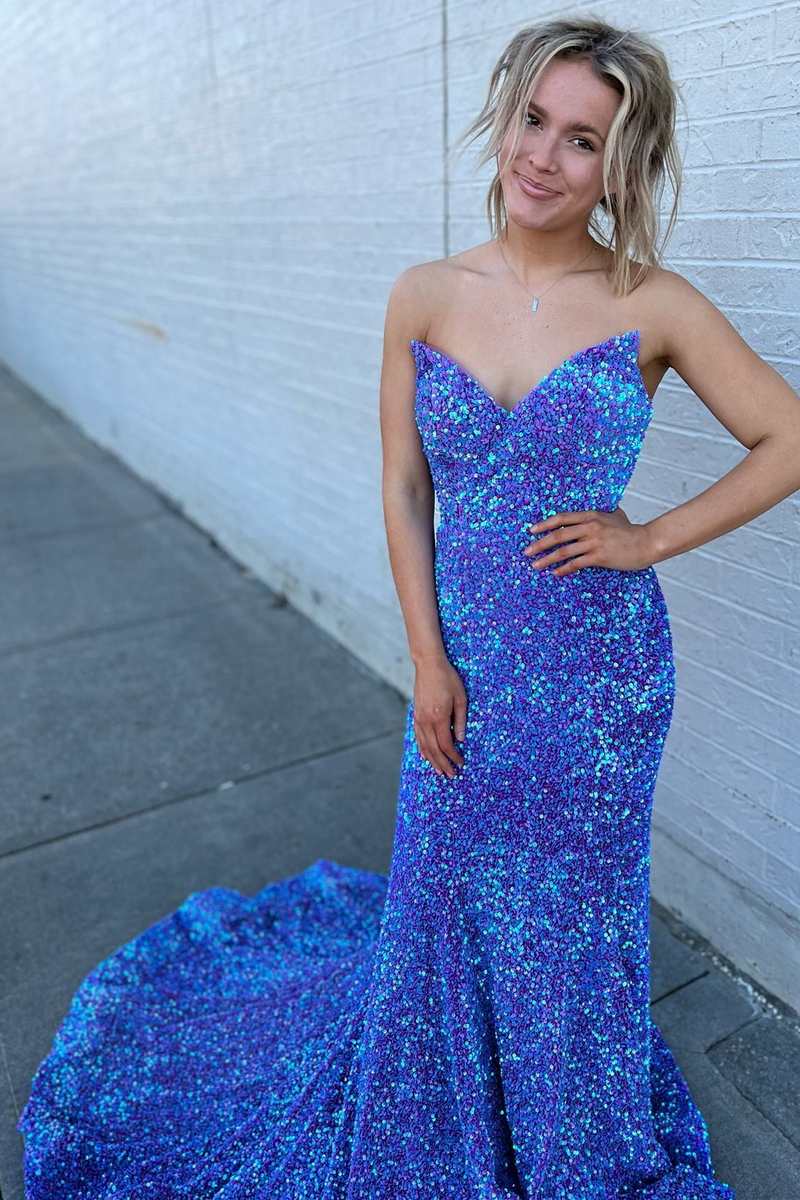 Periwinkle Iridescent Sequin Strapless Lace-Up Mermaid Long Prom Dress