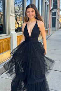Black A-line Deep V Neck Cross Back Tulle Multi-Layers Long Prom Dress