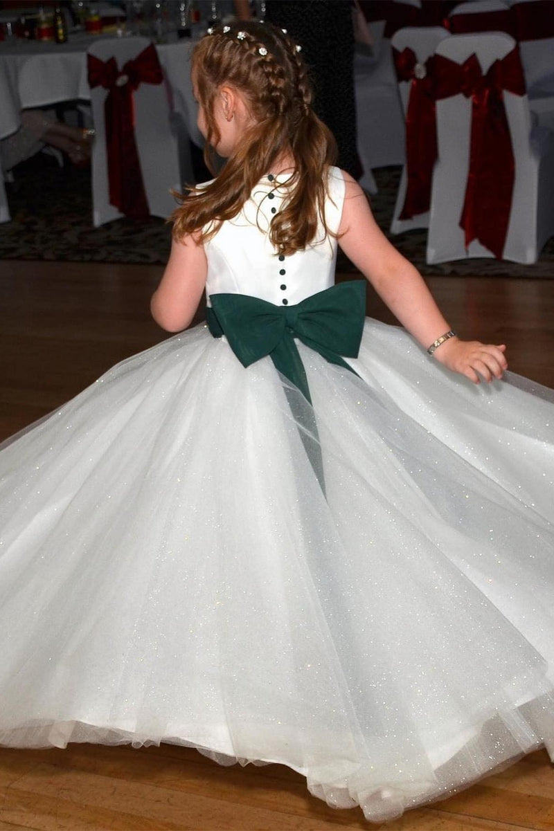White Jewel Sleeves Buttons Long Flower Girl Dress with Green Bow Sash