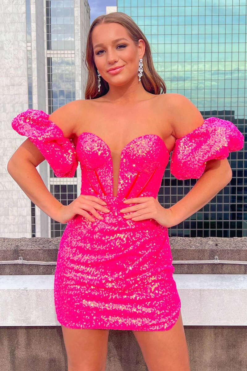 Orange Sequin Off-the-Shoulder Puff Sleeve Short Cocktail Dress