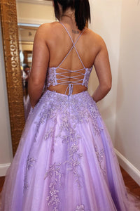 Lilac Lace-Up Back Scoop Neck Boning Appliques Tulle Long Prom Dress