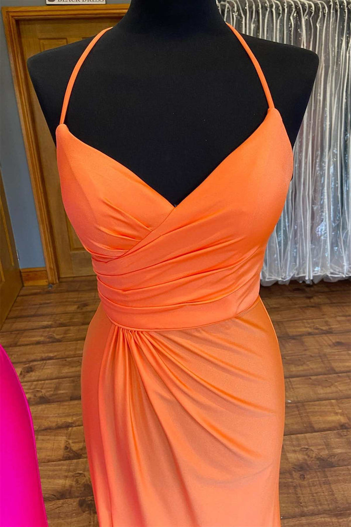 Orange Surplice Neck Backless Long Formal Dress