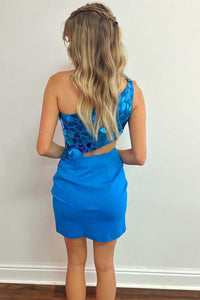 Red Cut Glass Mirror One-Shoulder Cutout Homecoming Dress