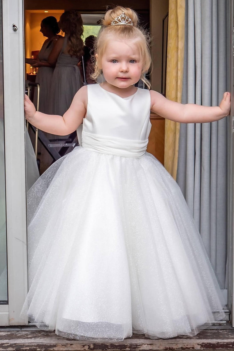 White Jewel Sleeves Buttons Long Flower Girl Dress with White Bow Sash