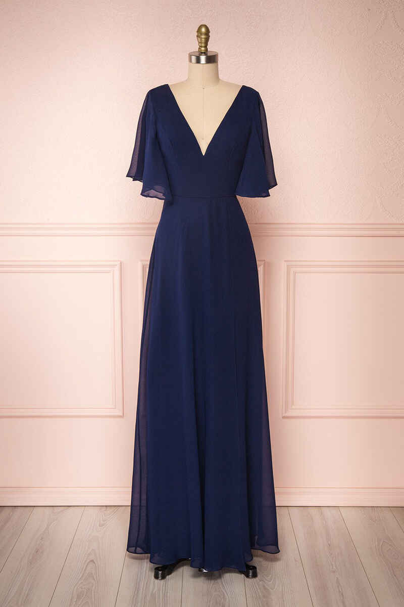 Navy Blue Chiffon V-Neck Ruffled Sleeve Long Bridesmaid Dress