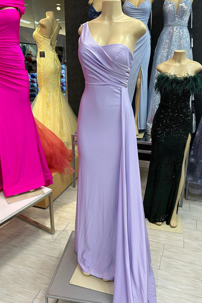 Lilac Mermaid One Shoulder Pleated Satin Long Btidesmaid Dress