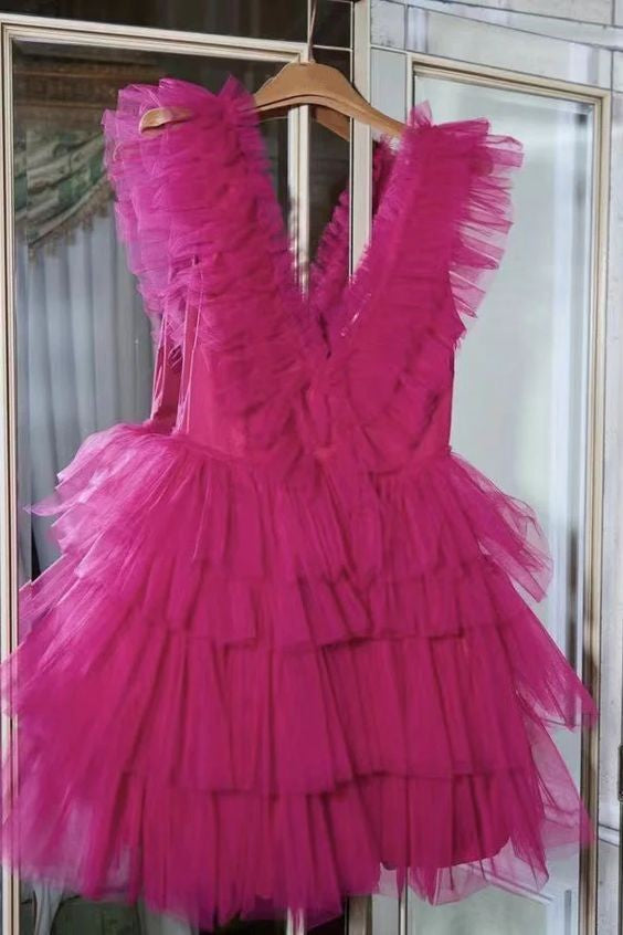 Pink Ruffle-Layers Plunging V Neck Homecoming Dress – Dreamdressy