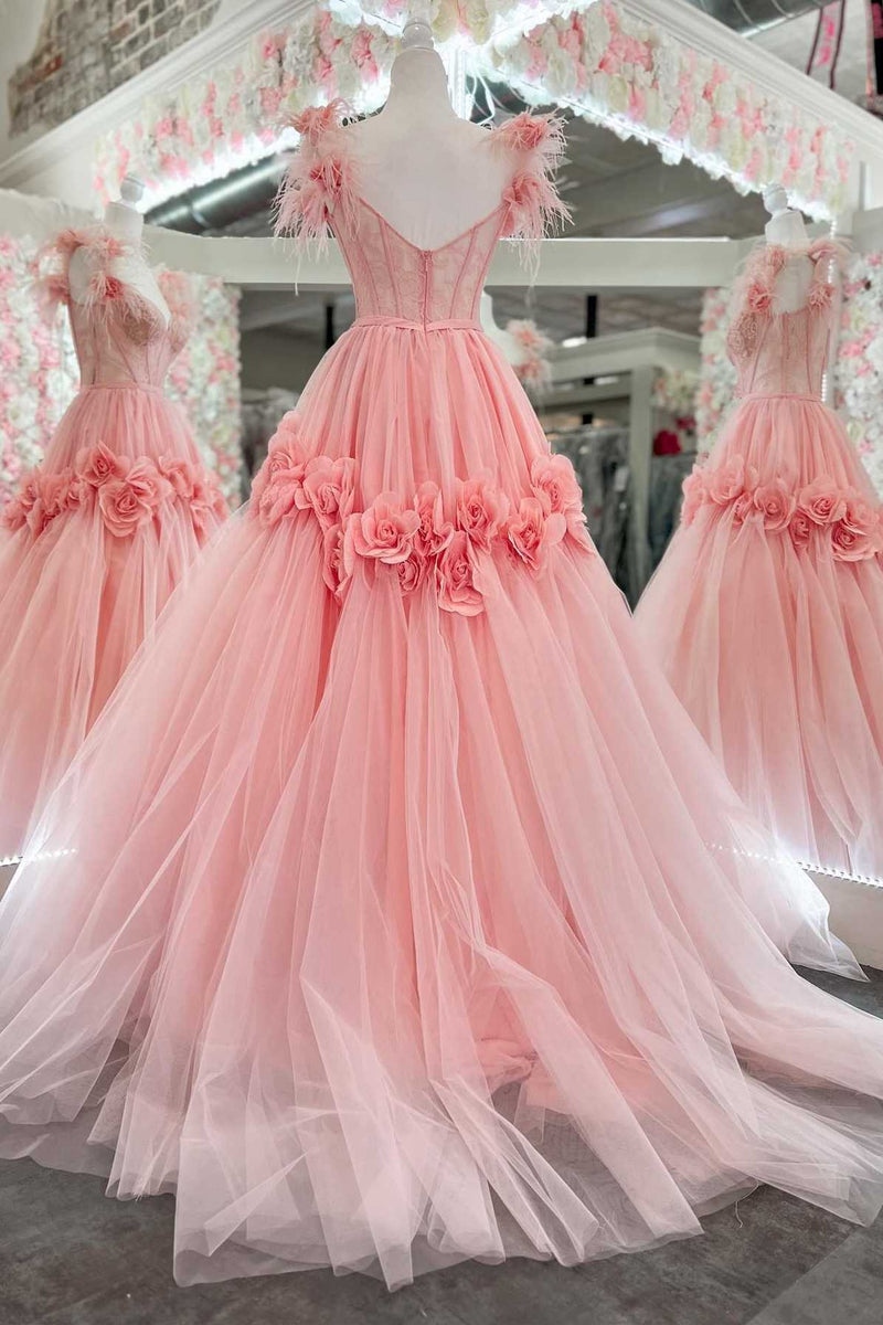 Pink Feather Lace Sweetheart A-Line Prom Dress with 3D Floral Lace
